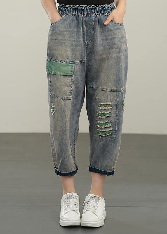 Blue Elastic Waist Hole Denim Pants Summer