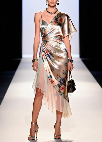 Apricot Asymmetrical Patchwork Chiffon Holiday Dress Summer