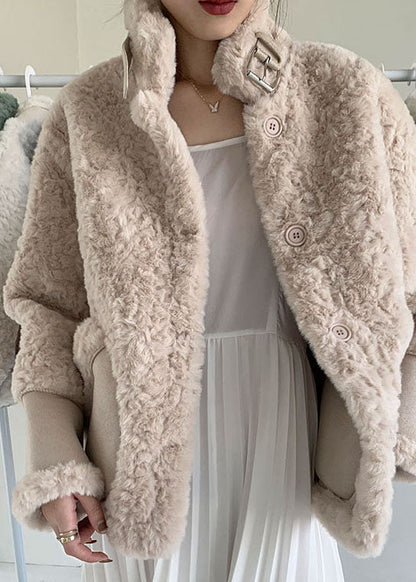 Apricot Button Thick Faux Fur Winter Coats