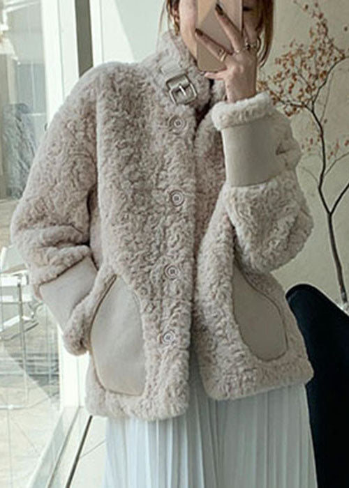 Apricot Button Thick Faux Fur Winter Coats