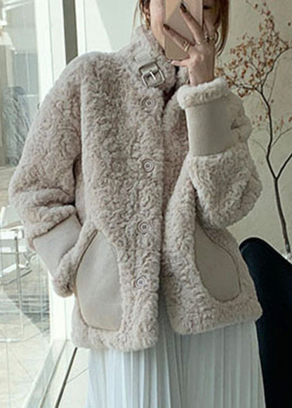 Apricot Button Thick Faux Fur Winter Coats