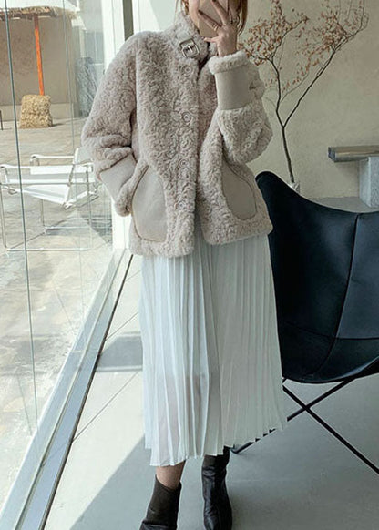 Apricot Button Thick Faux Fur Winter Coats