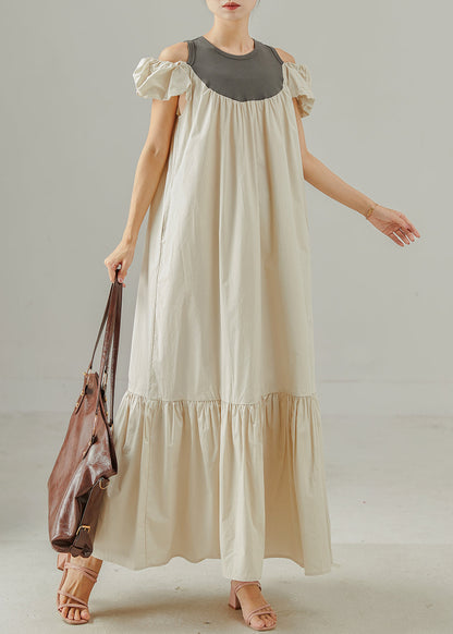Apricot Cold Shoulder Patchwork Cotton Ankle Dress Summer