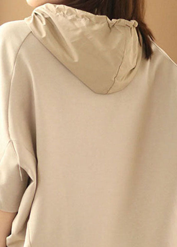 Apricot Hooded Drawstring Cotton Sweatshirts Top Summer
