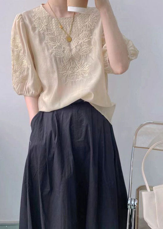Apricot O-neck Embroideried Silk Blouse Top Half Sleeve