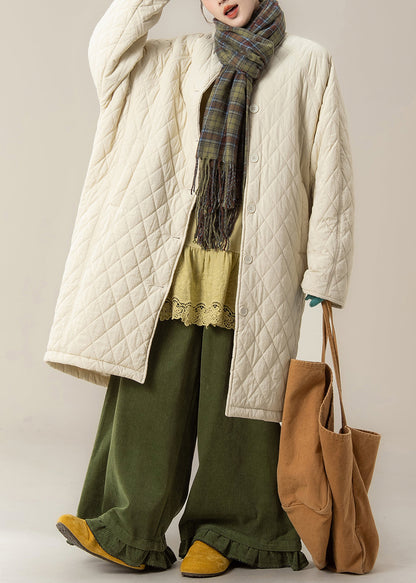 Apricot O Neck Plaid Pockets Cotton Filled Parka Winter