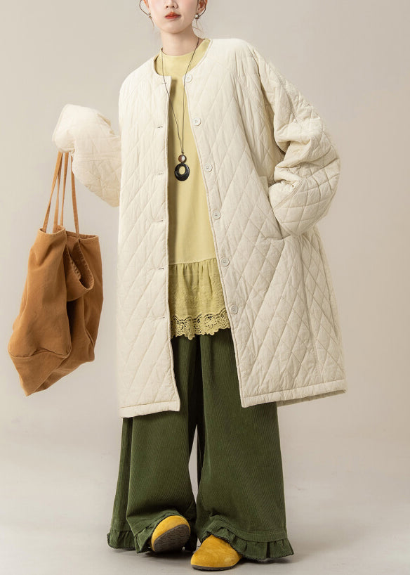 Apricot O Neck Plaid Pockets Cotton Filled Parka Winter