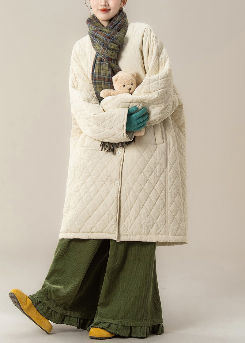 Apricot O Neck Plaid Pockets Cotton Filled Parka Winter