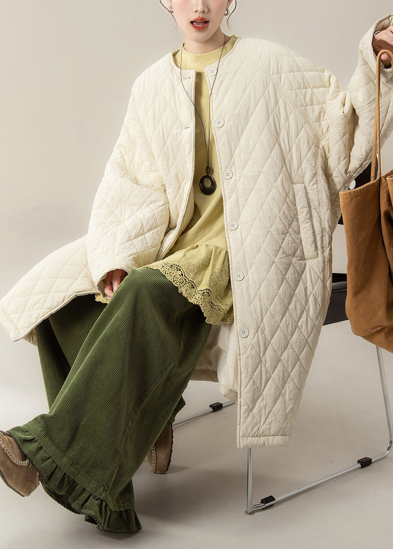 Apricot O Neck Plaid Pockets Cotton Filled Parka Winter