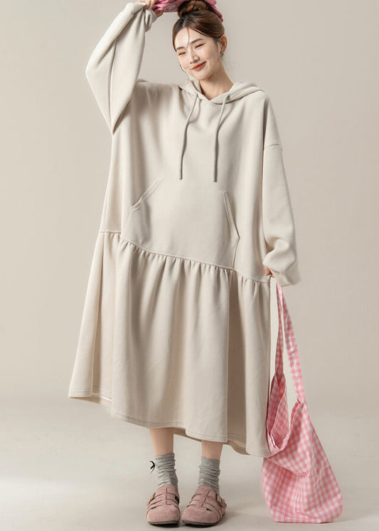 Apricot Patchwork Cotton Hooded Dresses Spring