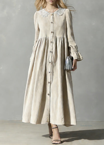 Apricot Peter Pan Collar Button Corduroy Blouses Dresses Spring