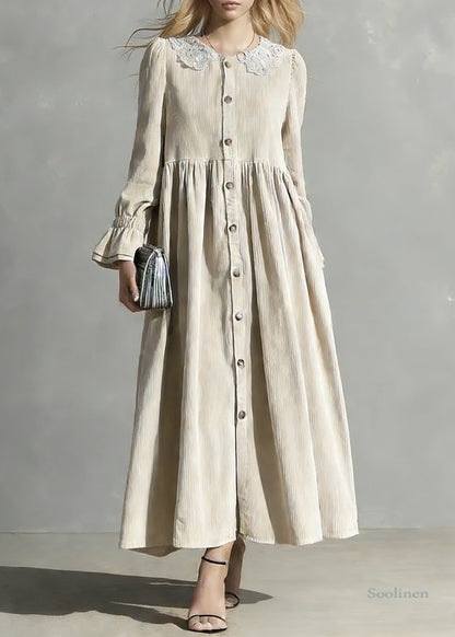 Apricot Peter Pan Collar Button Corduroy Blouses Dresses Spring