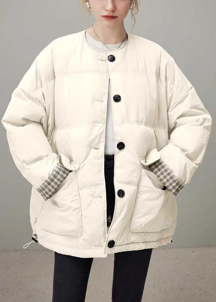 Apricot Plaid Drawstring Pockets Duck Down Down Coat