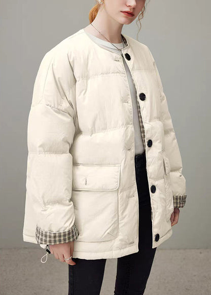 Apricot Plaid Drawstring Pockets Duck Down Down Coat