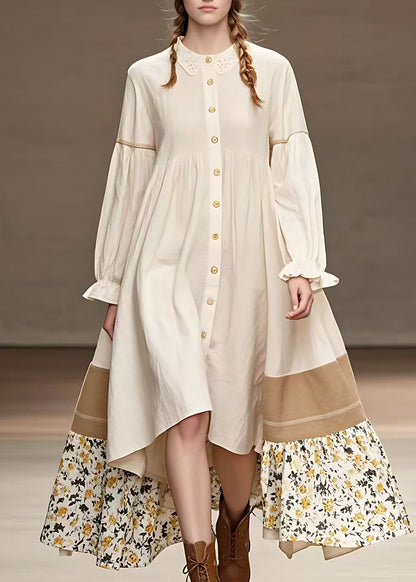 Apricot Print Low High Design Long Dress Long Sleeve