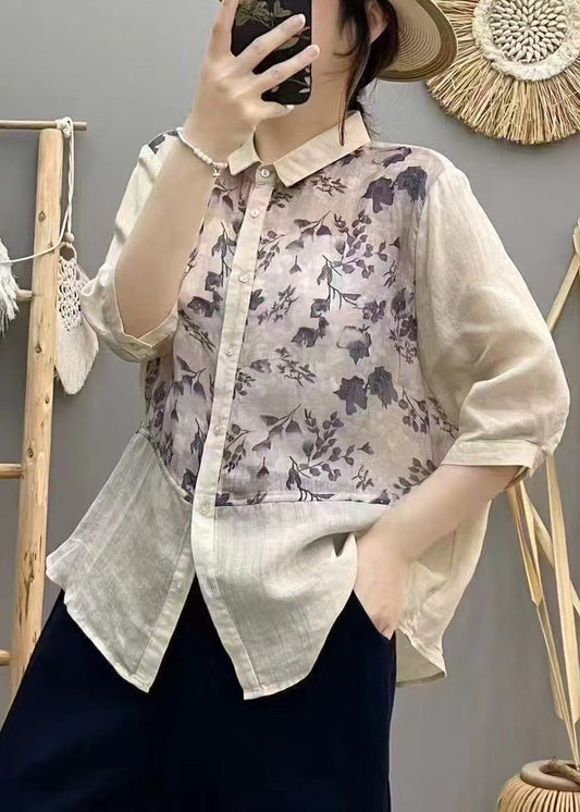 Apricot Print Patchwork Linen Blouse Top Summer