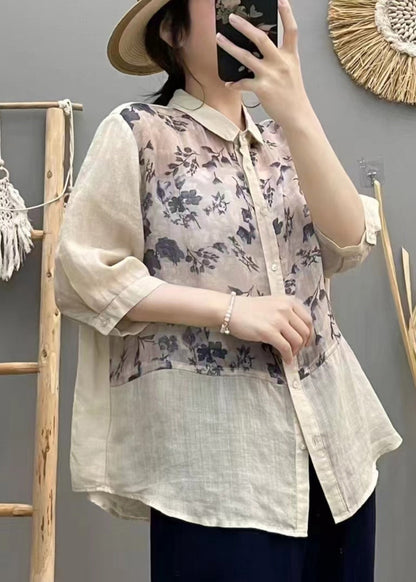 Apricot Print Patchwork Linen Blouse Top Summer