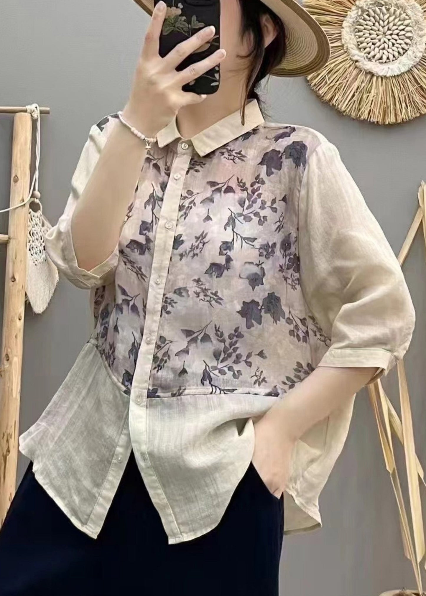 Apricot Print Patchwork Linen Blouse Top Summer