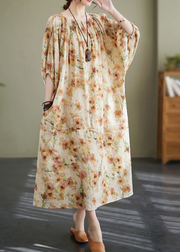 Apricot Print Wrinkled Robe Dress Summer