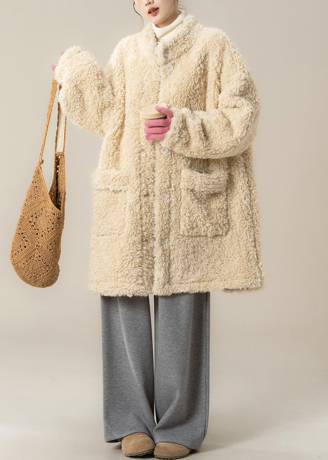 Apricot Stand Collar Pockets Teddy Coat Winter