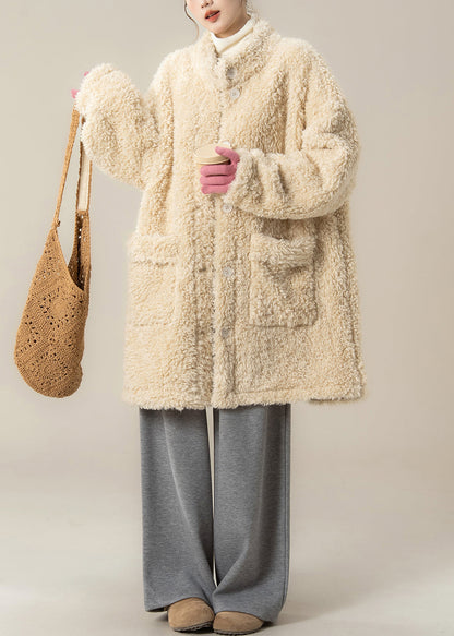 Apricot Stand Collar Pockets Teddy Coat Winter