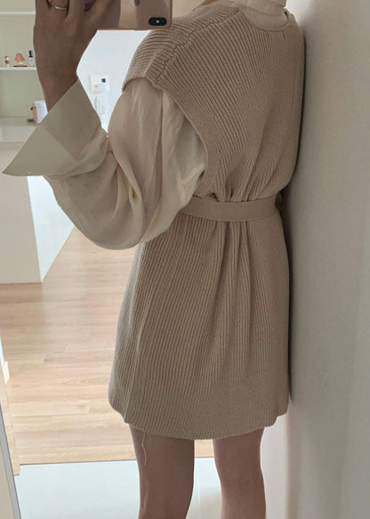 Apricot V Neck Cinched Knit Vest Sleeveless
