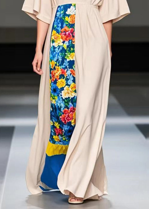 Apricot V Neck Patchwork Chiffon Robe Dresses Summer