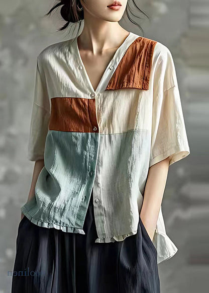 Apricot V Neck Patchwork Linen Shirt Top Summer