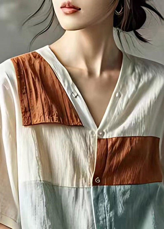 Apricot V Neck Patchwork Linen Shirt Top Summer