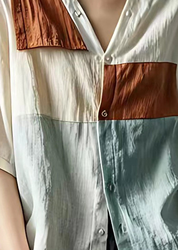 Apricot V Neck Patchwork Linen Shirt Top Summer