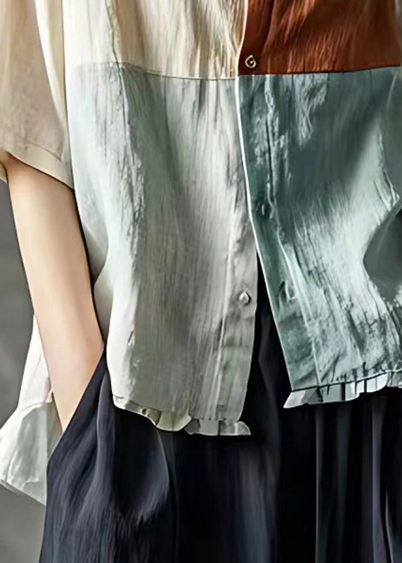 Apricot V Neck Patchwork Linen Shirt Top Summer