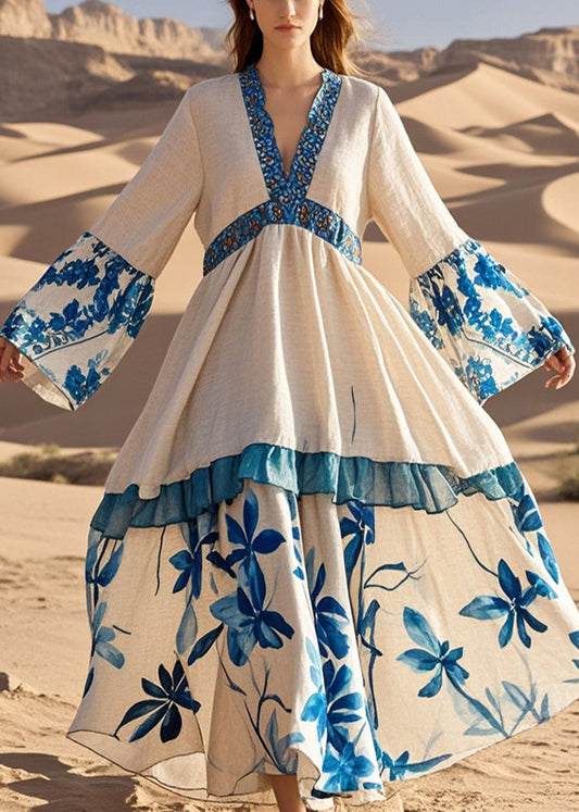 Apricot V Neck Patchwork Print Cotton Holiday Dress Spring