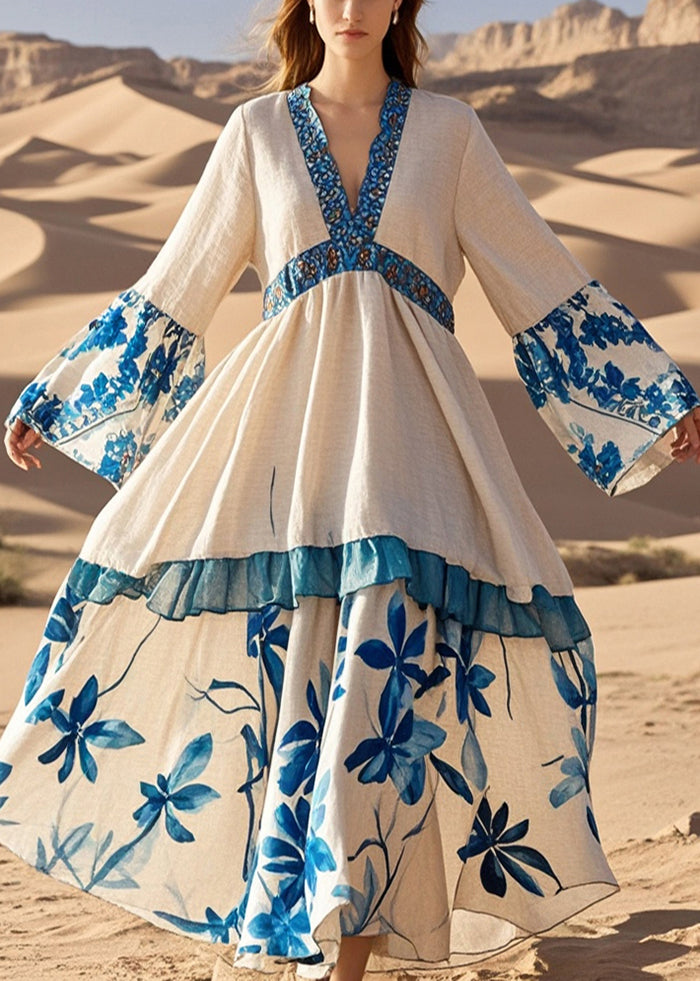 Apricot V Neck Patchwork Print Cotton Holiday Dress Spring
