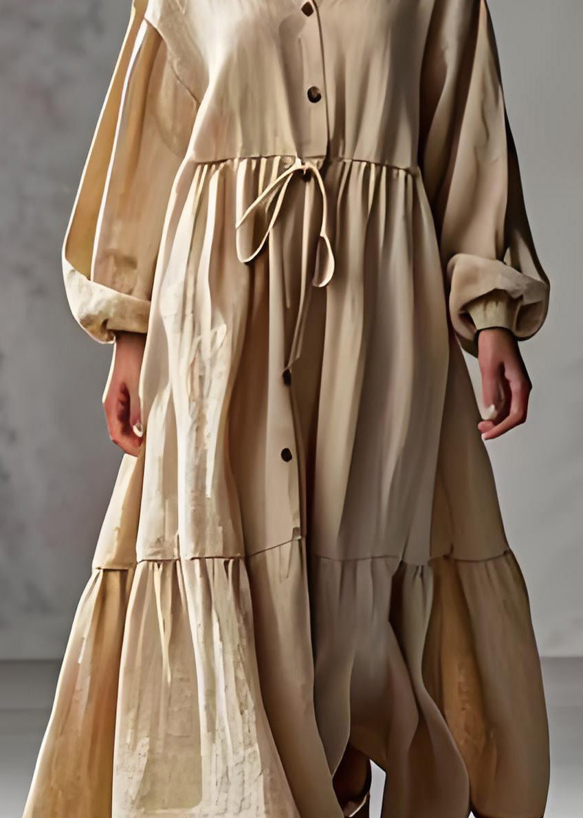 Apricot V Neck Wrinkled Patchwork Cotton Long Dress Lantern Sleeve
