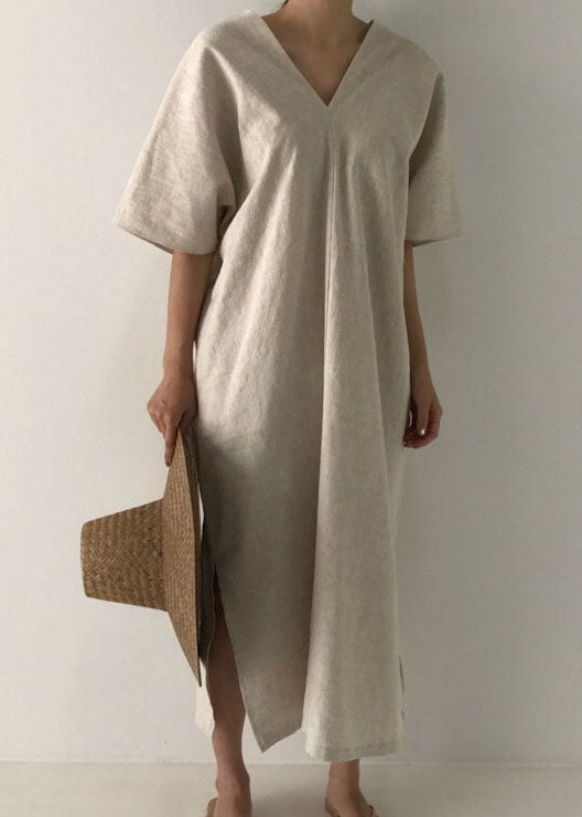 Apricot Side Open Linen Dress Short Sleeve