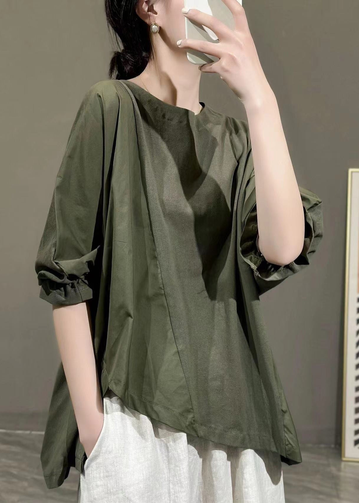 Army Green Asymmetrical Ruffled Cotton T Shirt Half Sleeve