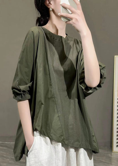 Army Green Asymmetrical Ruffled Cotton T Shirt Half Sleeve