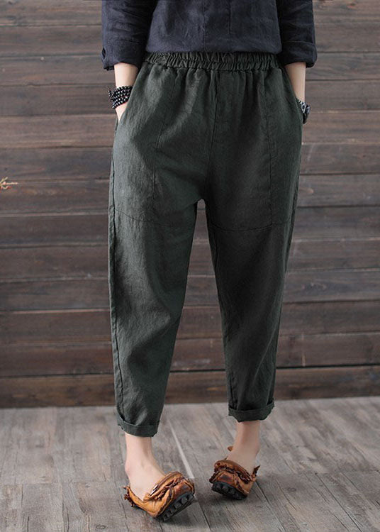 Army Green High Waist Patchwork Linen Crop Pants Summer