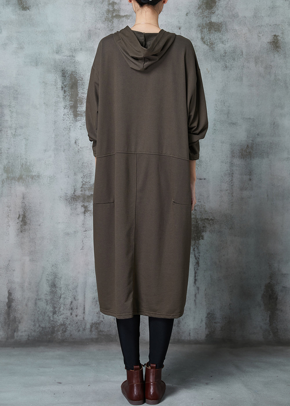 Army Green Hooded Pockets Cotton Dress Spring