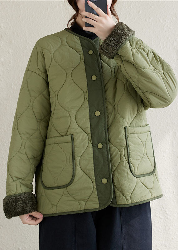 Army Green O-neck Patchwork Pockets Button Fleece Wool Lined Parka Winter