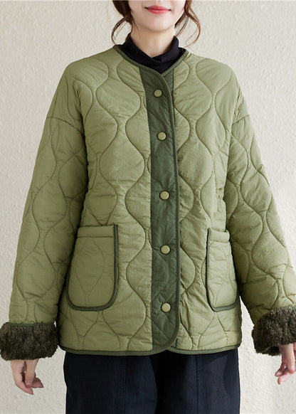 Army Green O-neck Patchwork Pockets Button Fleece Wool Lined Parka Winter
