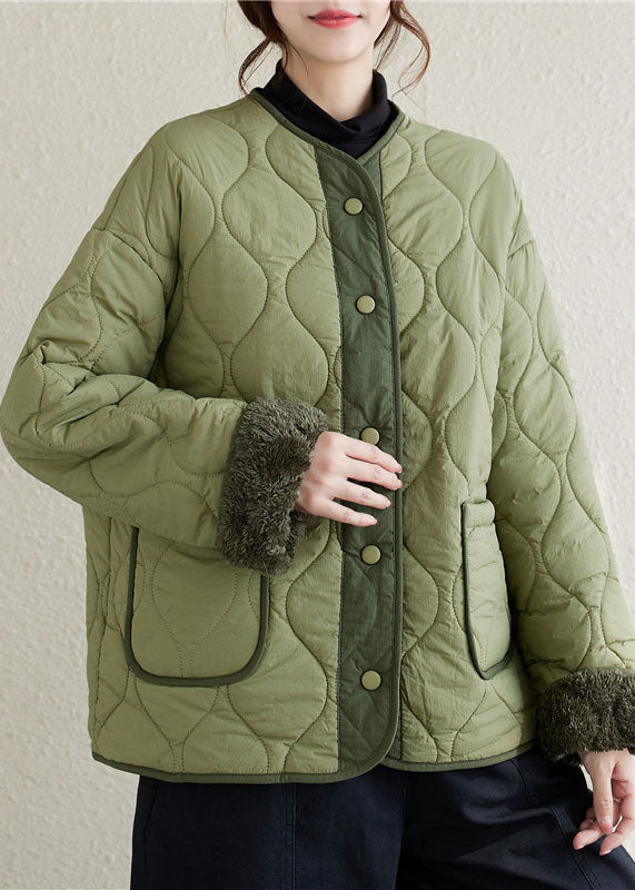 Army Green O-neck Patchwork Pockets Button Fleece Wool Lined Parka Winter