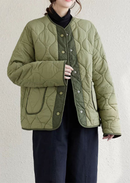 Army Green O-neck Patchwork Pockets Button Fleece Wool Lined Parka Winter