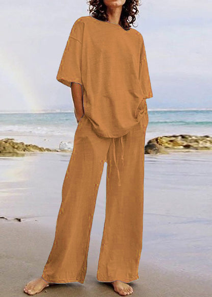 Army Green Patchwork T Shirts and Wide Leg Pants Two Piece Set Short Sleeve