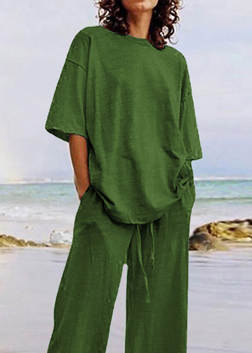 Army Green Patchwork T Shirts and Wide Leg Pants Two Piece Set Short Sleeve
