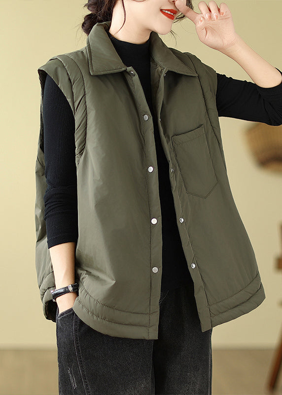 Army Green Peter Pan Collar Fine Cotton Filled Vest Sleeveless
