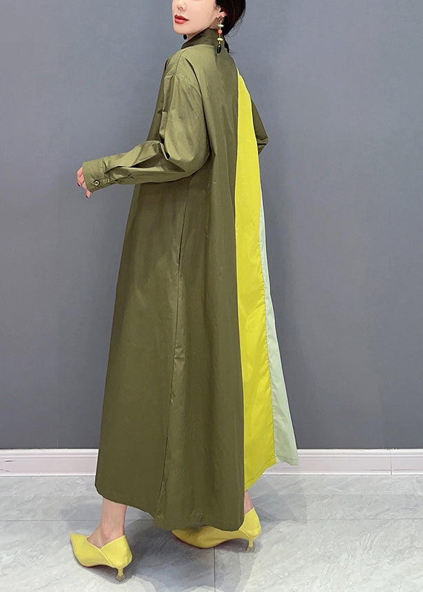 Army Green Peter Pan Collar Patchwork Cotton Maxi Dresses Spring