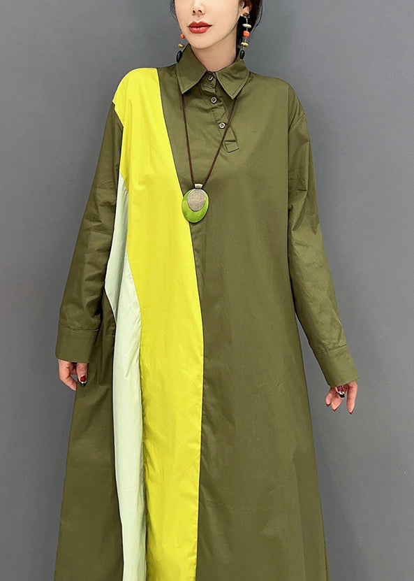 Army Green Peter Pan Collar Patchwork Cotton Maxi Dresses Spring