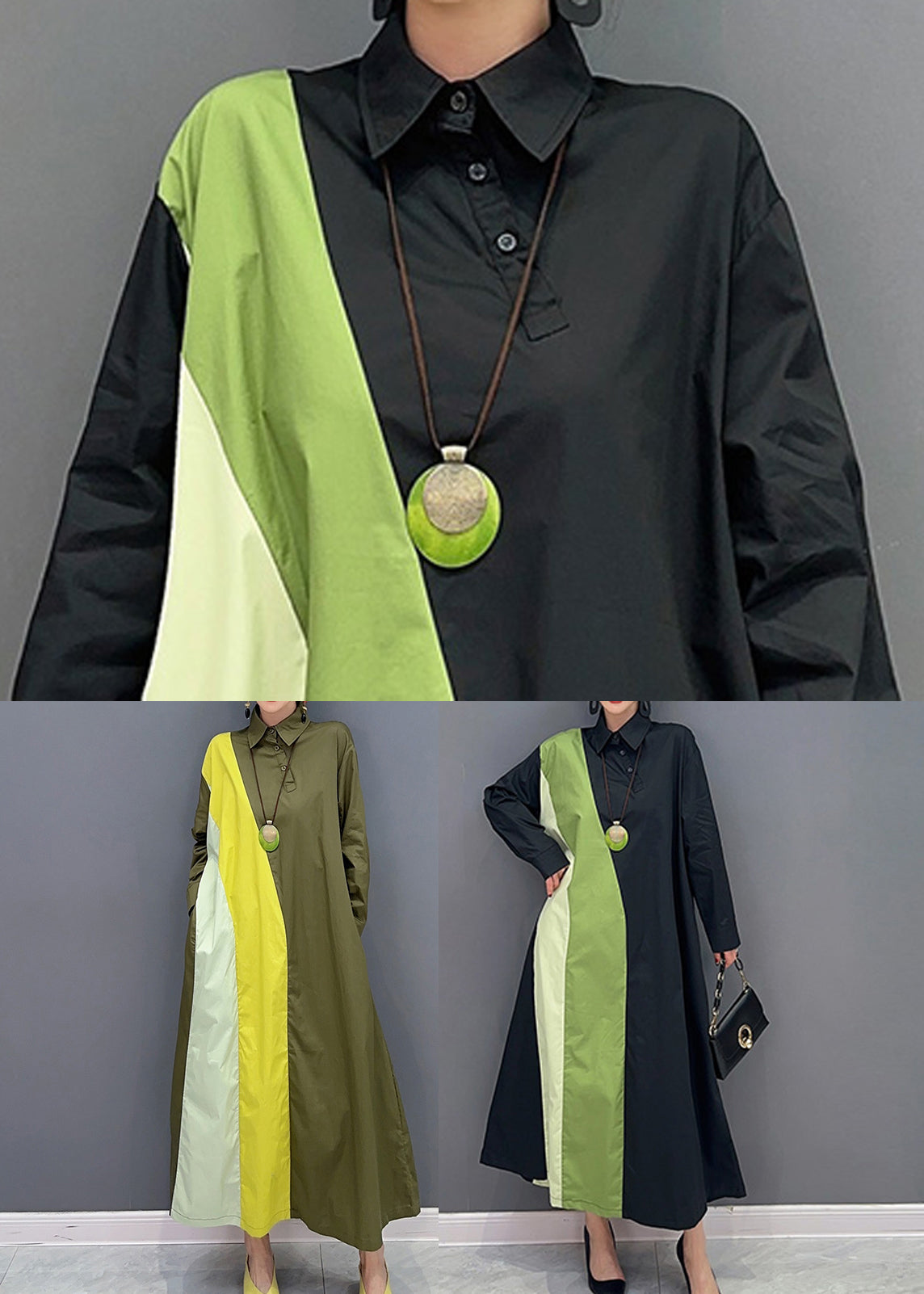 Army Green Peter Pan Collar Patchwork Cotton Maxi Dresses Spring