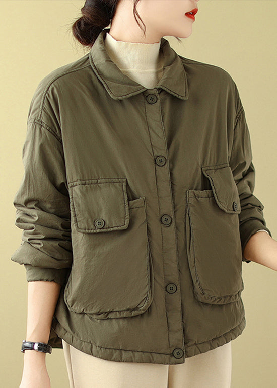 Army Green Peter Pan Collar Pockets Fine Cotton Filled Jacket Winter